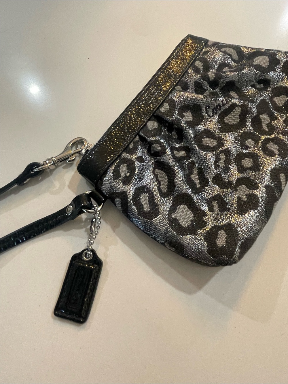 Coach Metallic Leopard Print Wristlet - Black/Silver